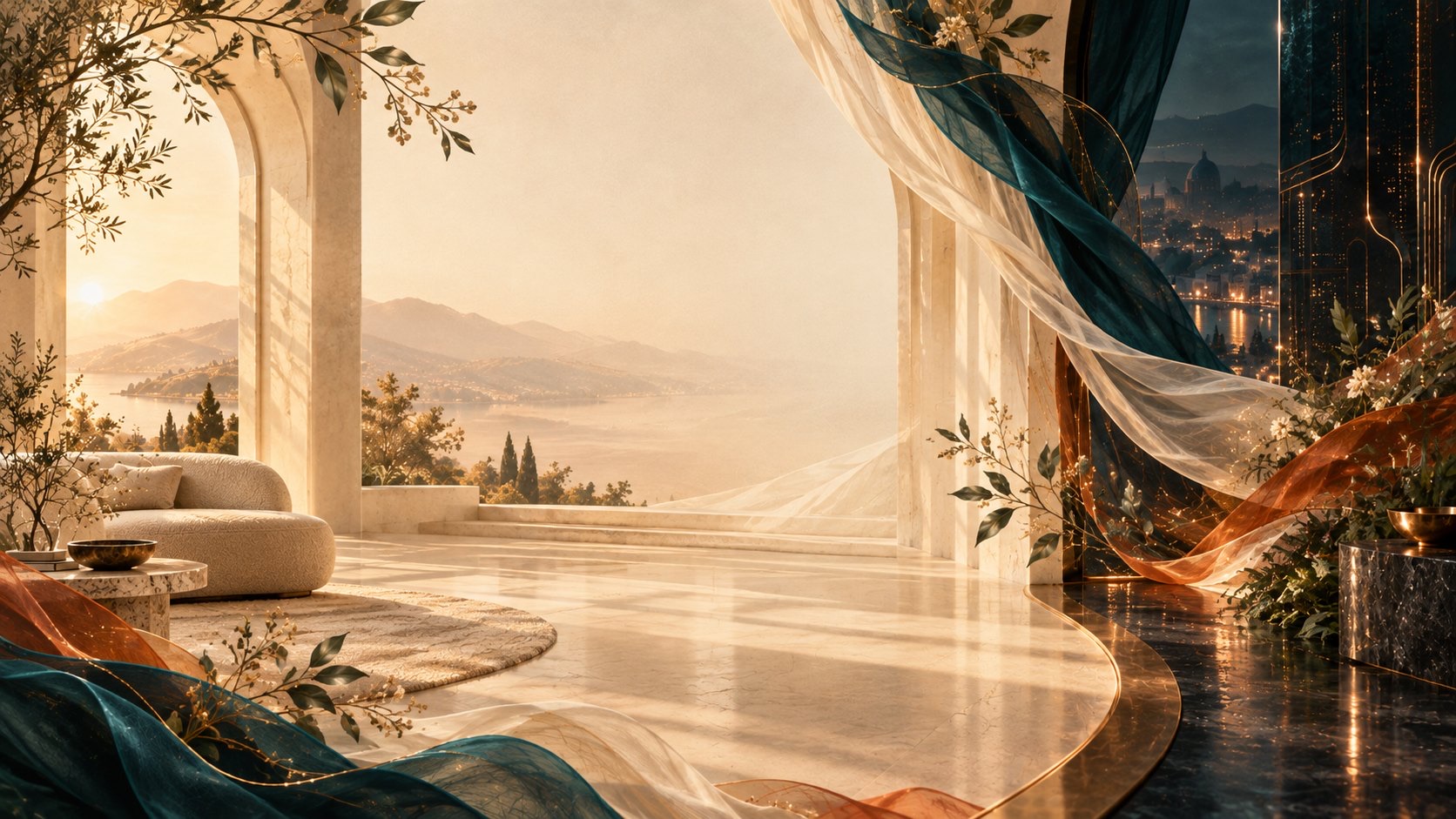 Sunlit arches opening onto a lake, with flowing fabric and blossom