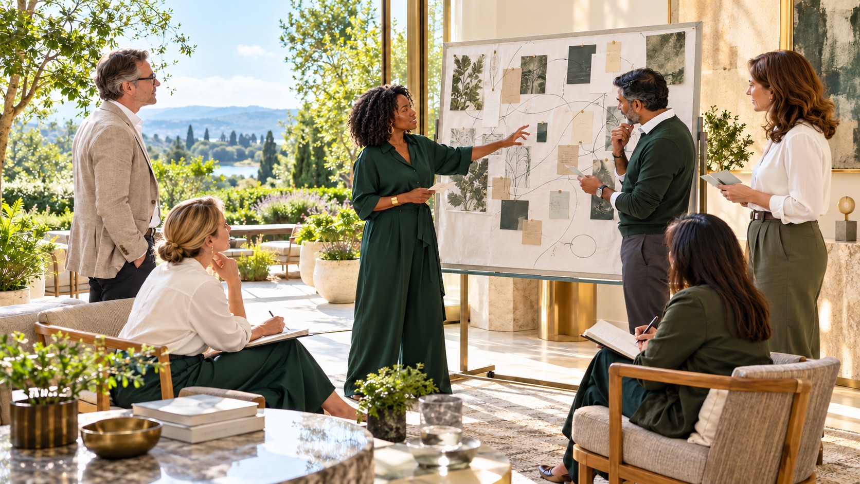 A diverse cohort of six leaders in a sunlit room overlooking a lake, gathered around a board of ideas as one leader presents and others take notes